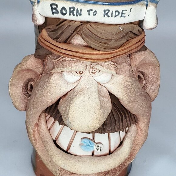 Biker Mug Motorcyclist Mug Mens Beer Mug Funny Clay Face Born to Ride - Picture 6 of 9